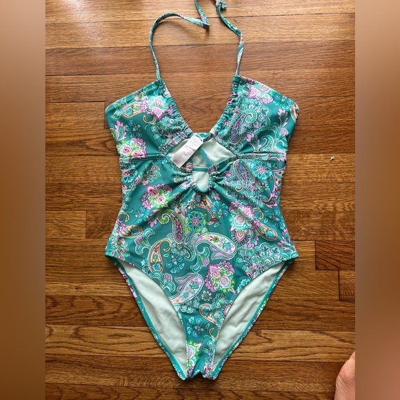 Other - Green and Pink One Piece Swimsuit with Plunging V-Neck